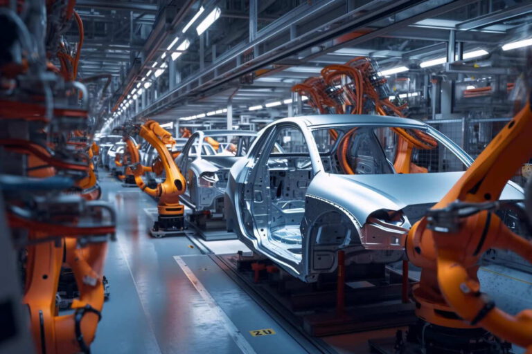 Fertigungslinie mit Industrierobotern in einem Automobilwerk